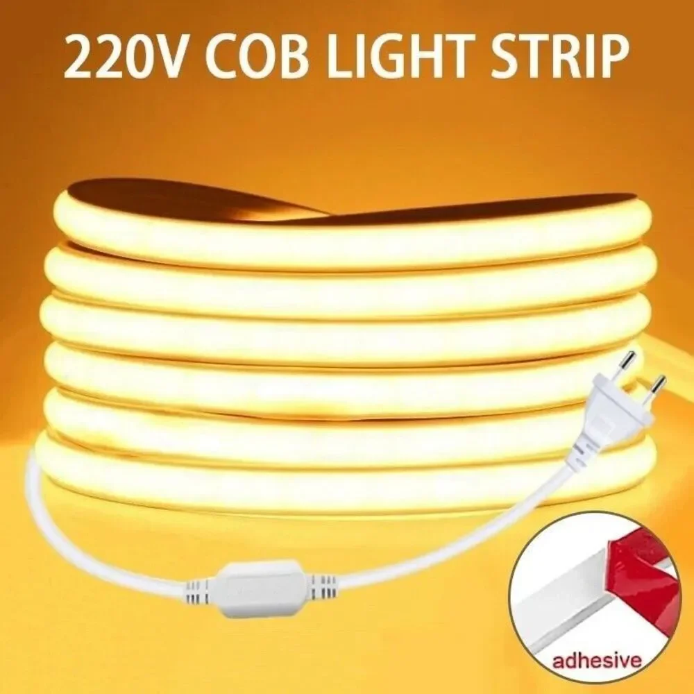 EUROPEAN PLUG!!!! 220v LED Ribbon Adhesive COB Strip Light Warm White 12m 39ft